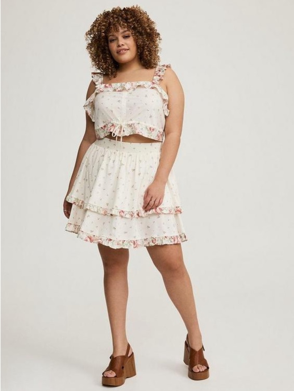 NWT Torrid Mini Mash Challis Ruffle Skirt Set Floral Cloud Dancer Size 00 M/L